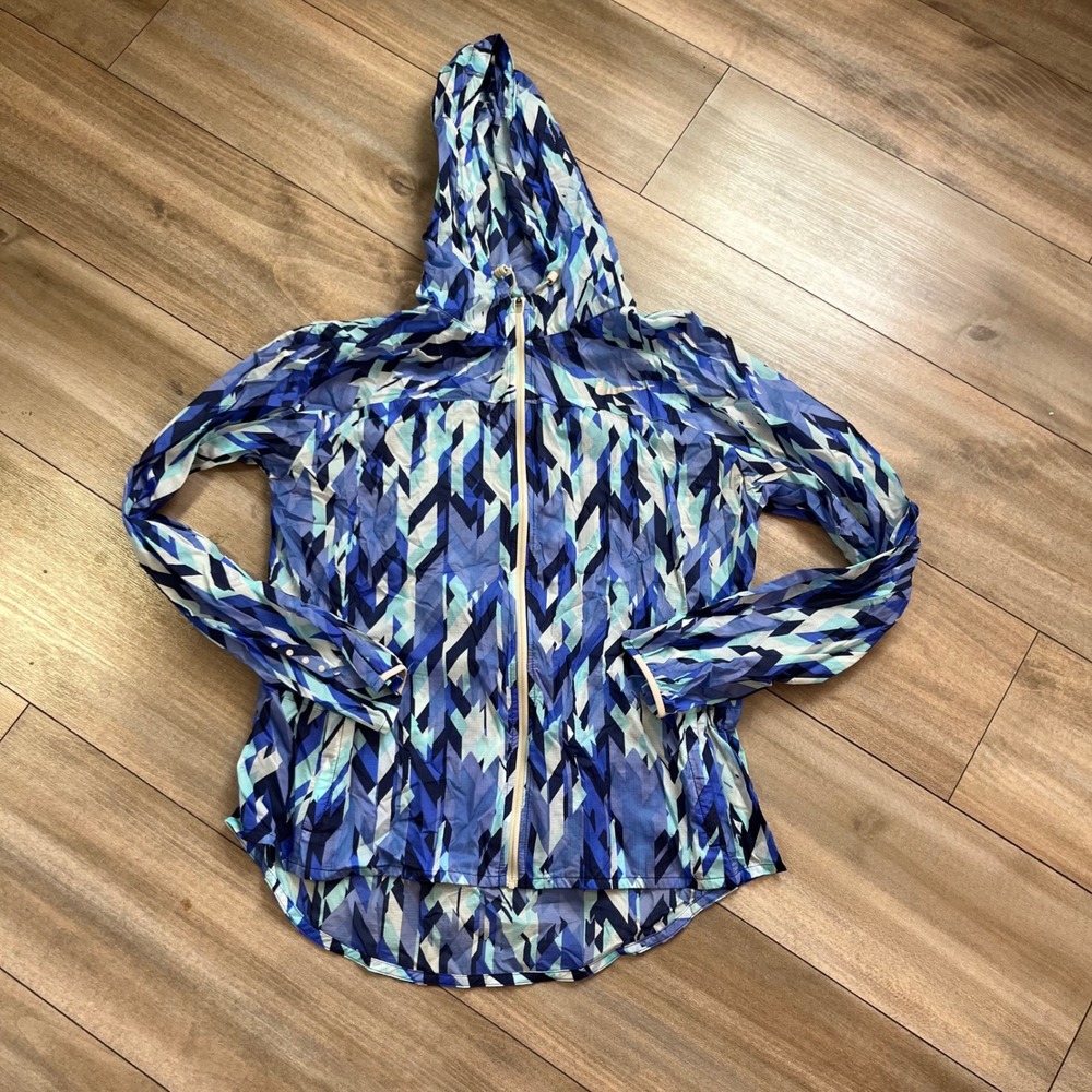 Nike Blue Geometric Print Hooded Windbreaker Jacket Large